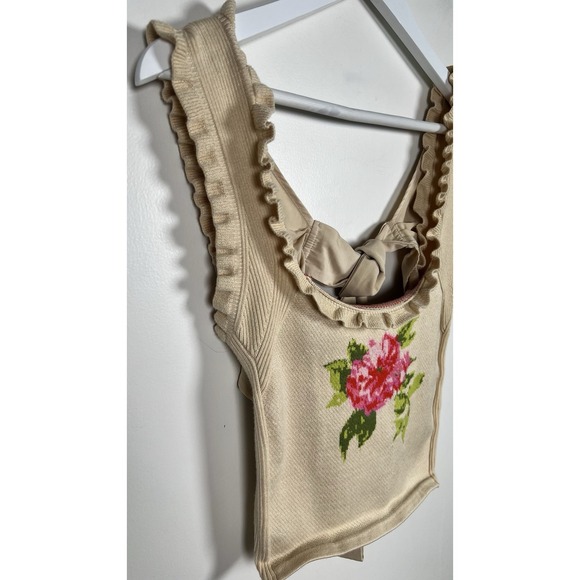 ANTHROPOLOGIE Medium Bow-Back Tan Rose Ruffled Sleeveless Ribbed Sweater Tank - Picture 5 of 9